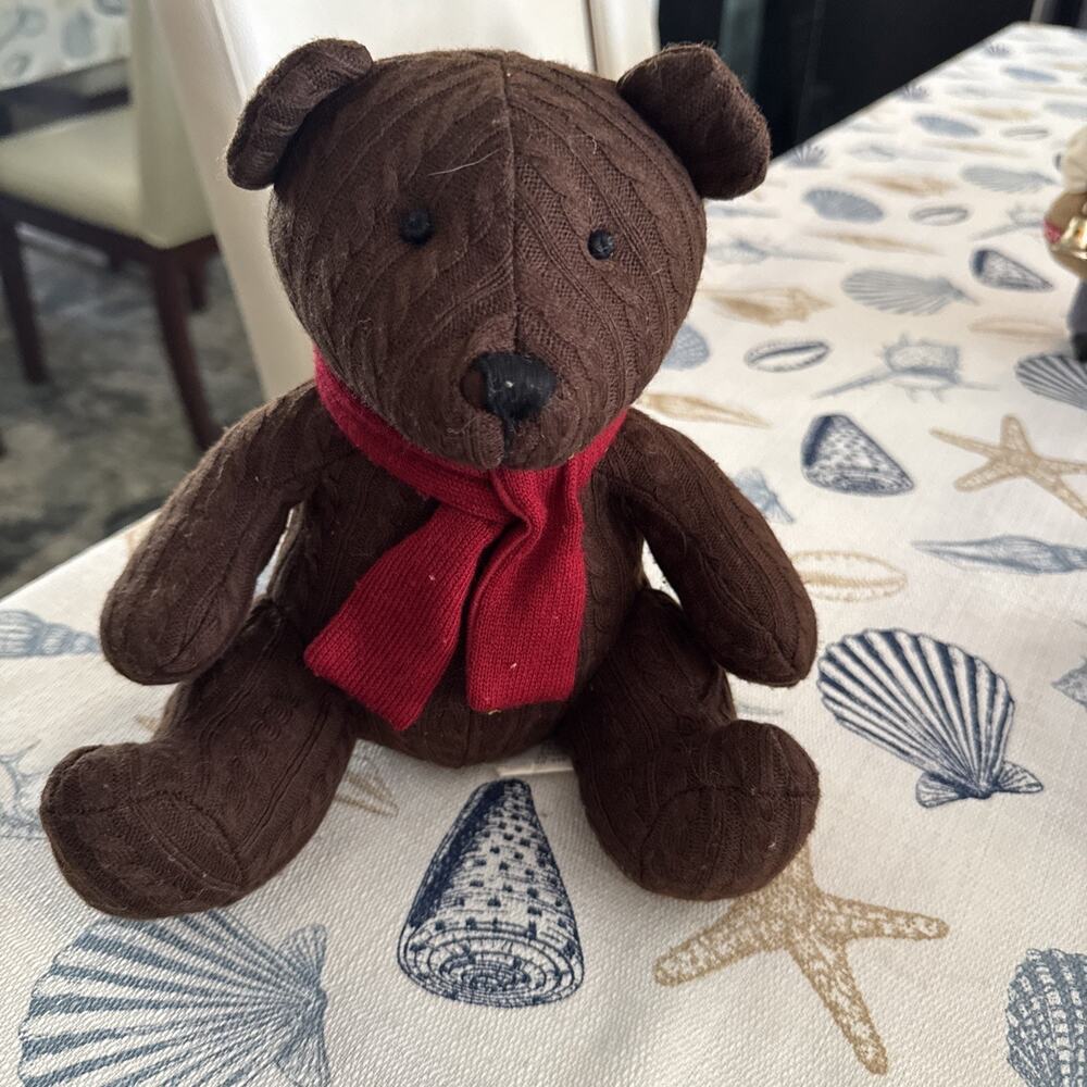 Martha Stewart Teddy Bear 10" Knit Brown Plush Soft Toy Stuffed Animal Red Scarf